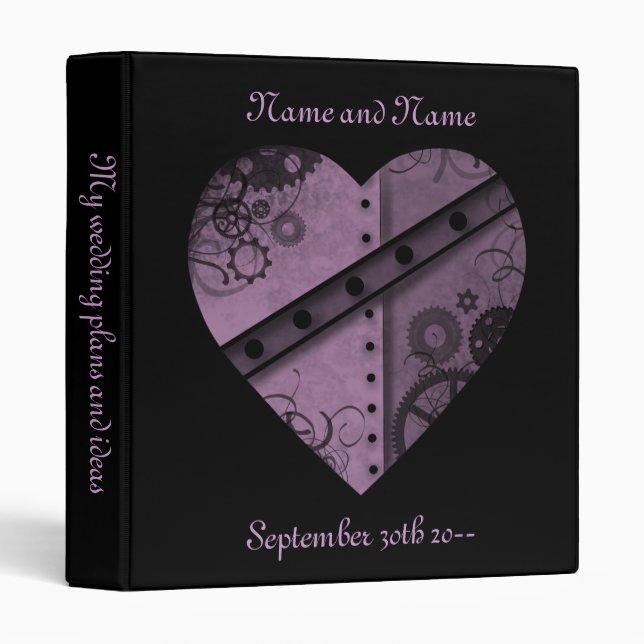 Purple steampunk heart pretty wedding planner 3 ring binder (Front/Spine)