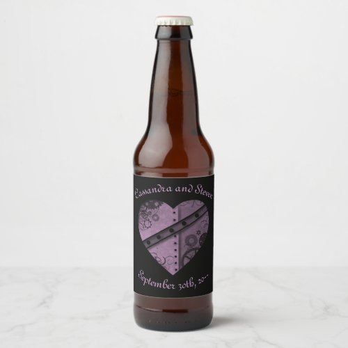 Purple steampunk heart theme wedding favor beer bottle label