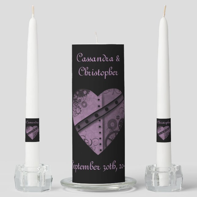 Purple steampunk heart theme wedding unity candle set (Front)