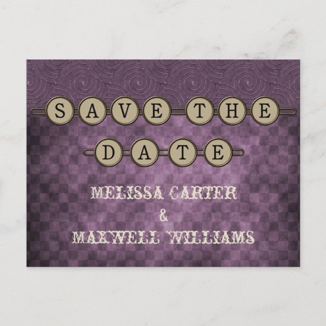 Purple Steampunk Keys Save the Date Postcard (Front)