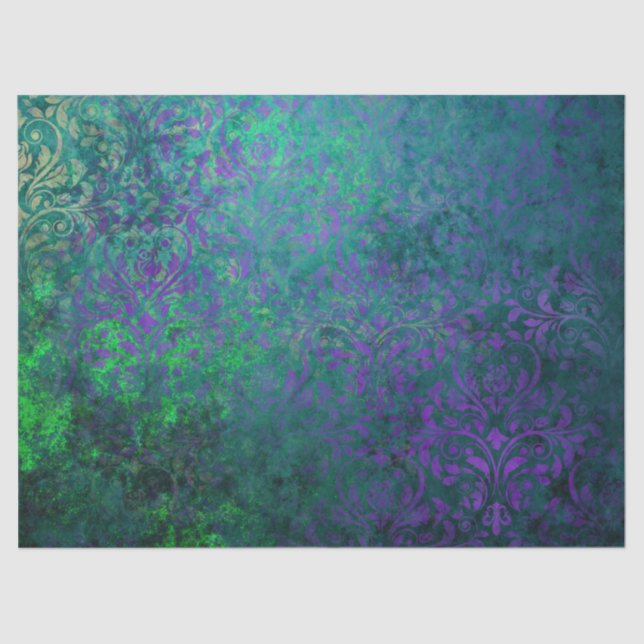 Purple Stencil Flowers on Green Decoupage Tissue Paper (Front)