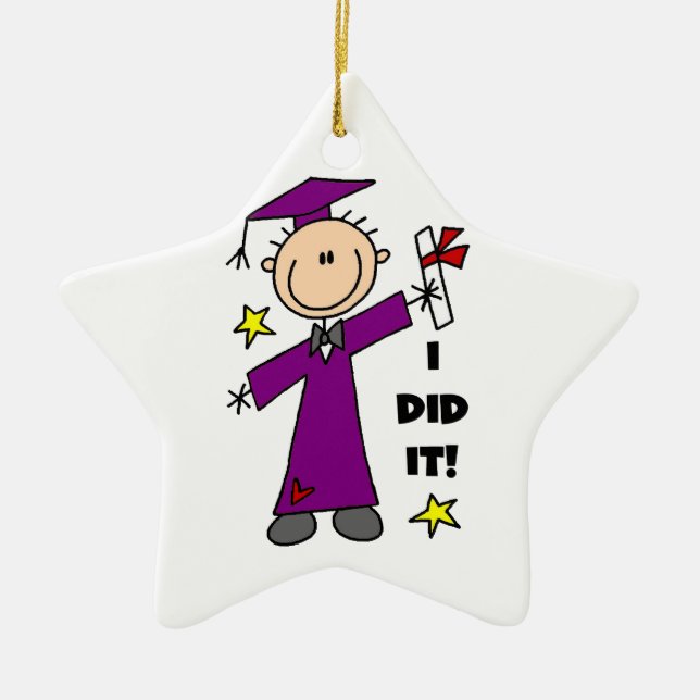 Purple Stick Figure Boy Graduate Ceramic Ornament (Front)