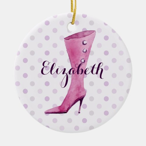 Purple stiletto heel boot personalized ceramic ornament