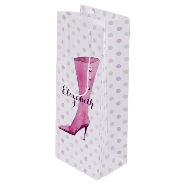 Purple stiletto heel boot personalized wine gift bag (Front Angled)