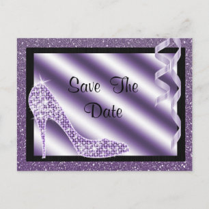 Purple Stiletto & Streamers Sweet 16 Save The Date Announcement Postcard