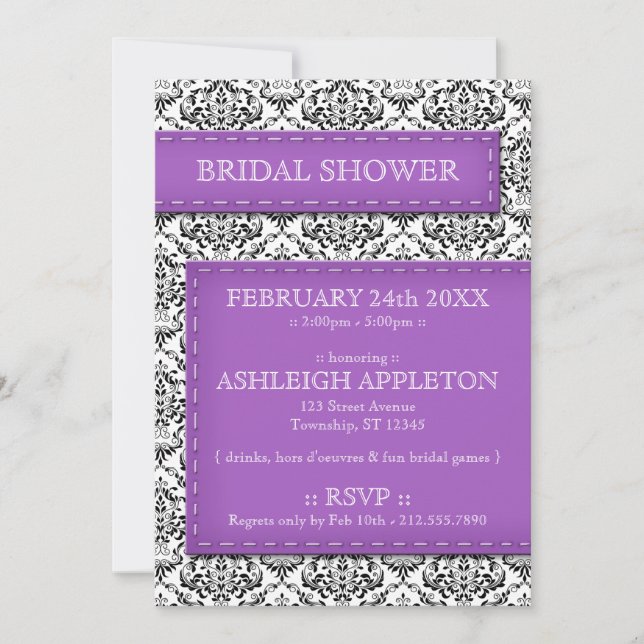 Purple Stitched Damask Bridal Shower Invitations (Front)