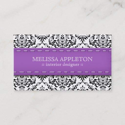 Customizable Purple Stitched Damask Interior Designer Business Card Templates
