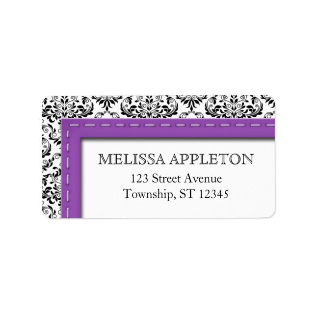 Purple Stitched Damask Personalized Address Labels (Front)