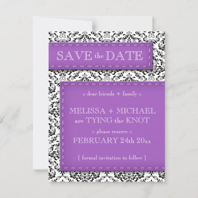 Purple Stitched Damask Save the Date Announcements (Front)