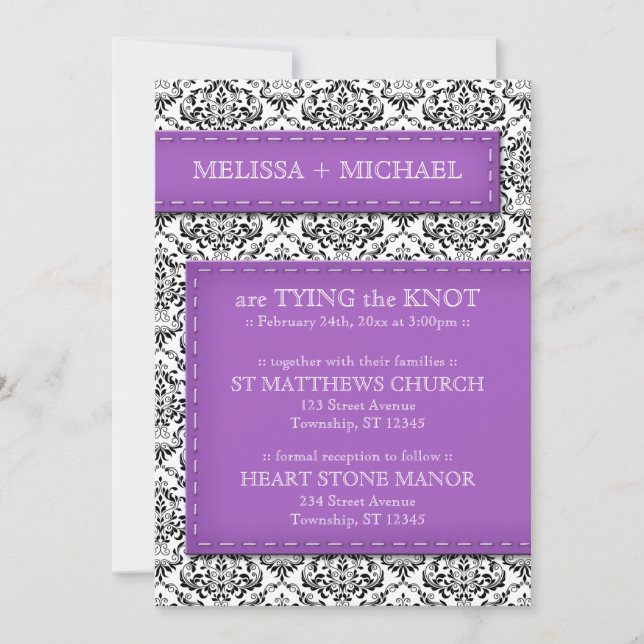 Purple Stitched Damask Wedding Invitations (Front)