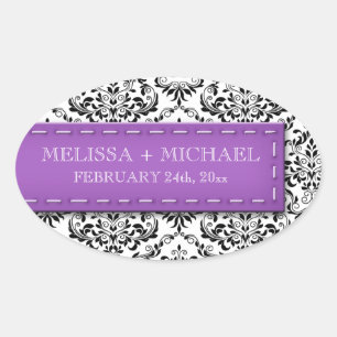 Purple Stitched Damask Wedding Large Favor Sticker