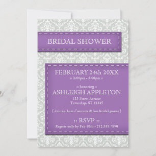 Purple Stitched Gray Damask Bridal Shower Invitation