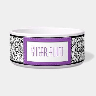Purple Stitched Label Design Damask Dog Bowl