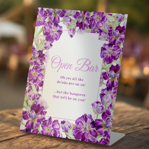Purple stock floral watercolor wedding open bar pedestal sign