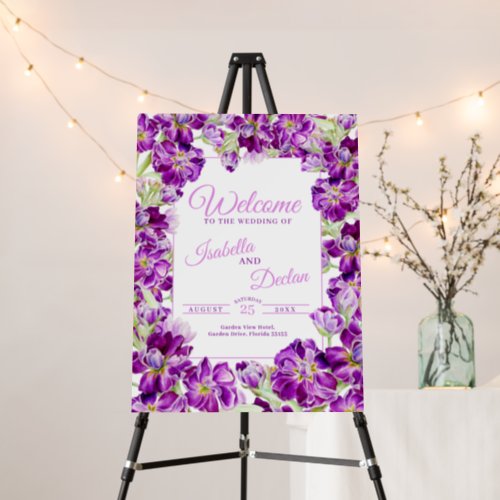 Purple stock floral watercolor wedding welcome foam board