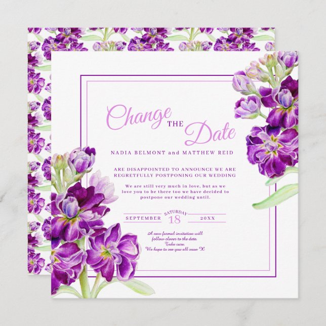 Purple stock flowers art wedding change the date invitation (Front/Back)