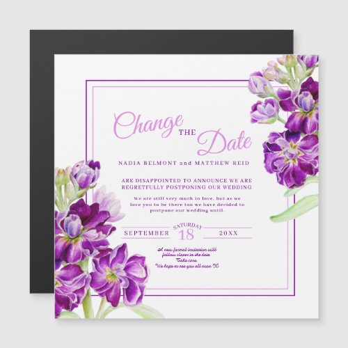 Purple stock flowers art wedding change the date magnetic invitation