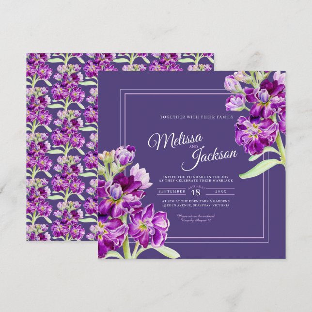 Purple stock flowers watercolor art wedding invitation (Front/Back)