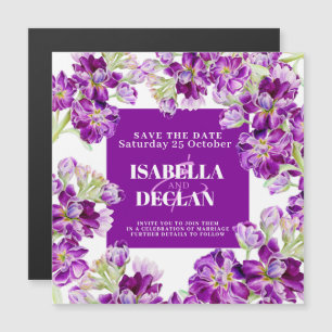 Purple stock flowers wedding save the date