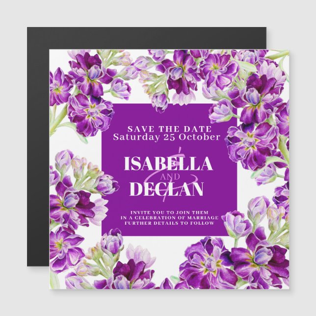 Purple stock flowers wedding save the date (Front/Back)