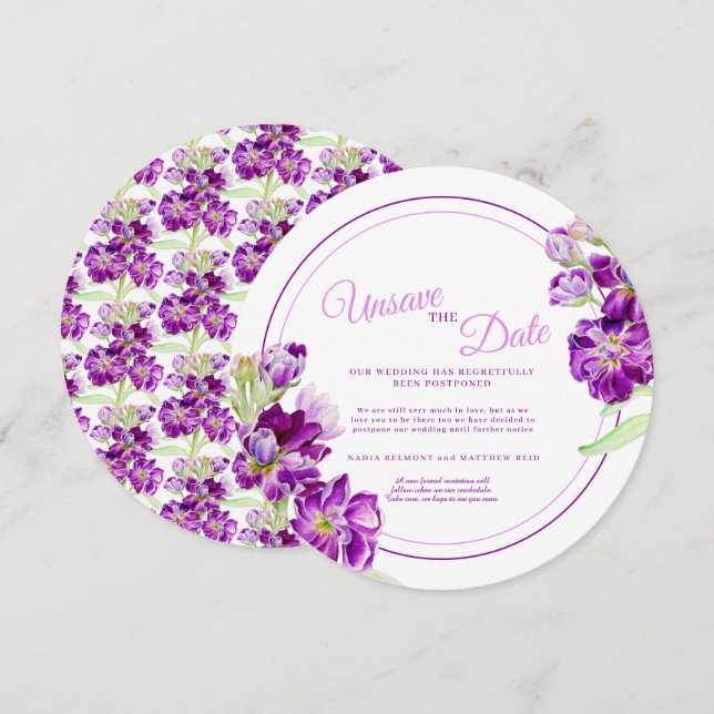 Purple stock flowers wedding unsave the date round invitation (Front/Back)