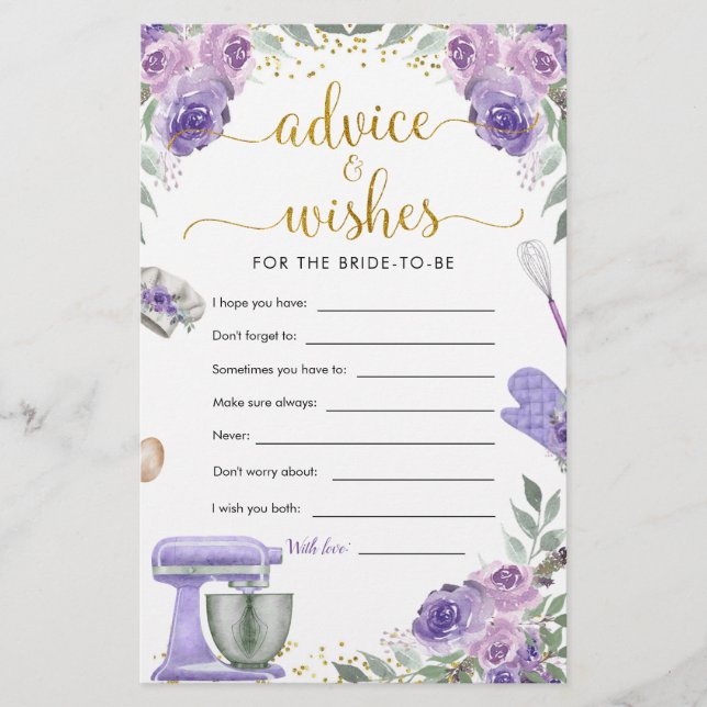 Purple Stock the Kitchen Bridal Shower Advice Card (Front)