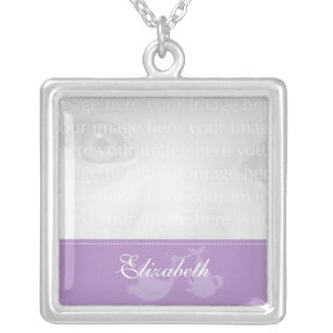 Purple Stork Baby Photo Silver Necklace