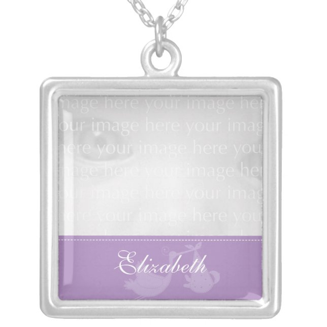 Purple Stork Baby Photo Silver Necklace (Front)
