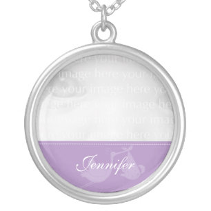Purple Stork Baby Photo Silver Necklace