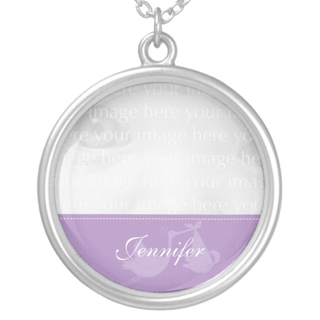 Purple Stork Baby Photo Silver Necklace (Front)