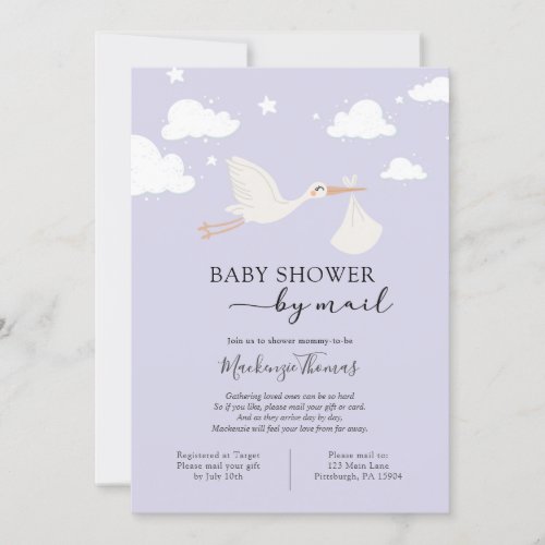 Purple Stork Baby Shower by Mail Invitation