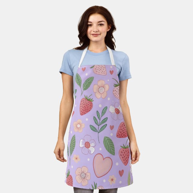 Purple Strawberry Pattern All-Over Print Apron (Worn)