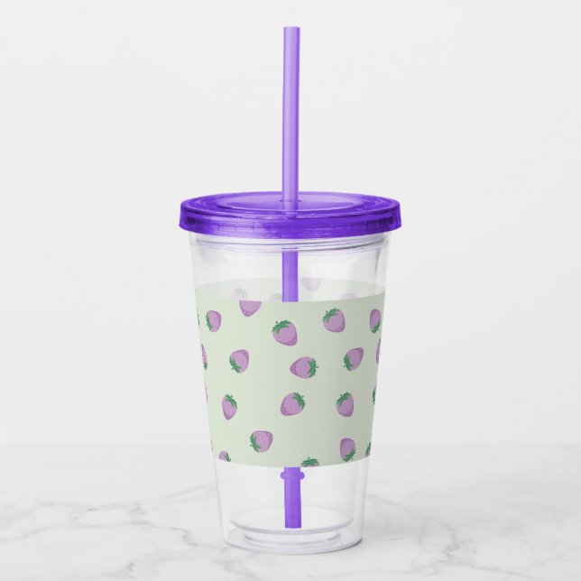 Purple Strawberry Pattern on Green Background Acrylic Tumbler (Front)