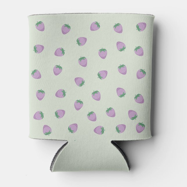  Purple Strawberry Pattern on Green Background Can Cooler (Front)
