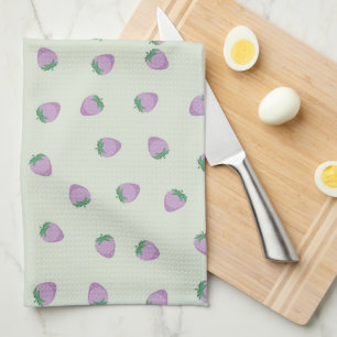 Purple Strawberry Pattern on Green Background Kitchen Towel