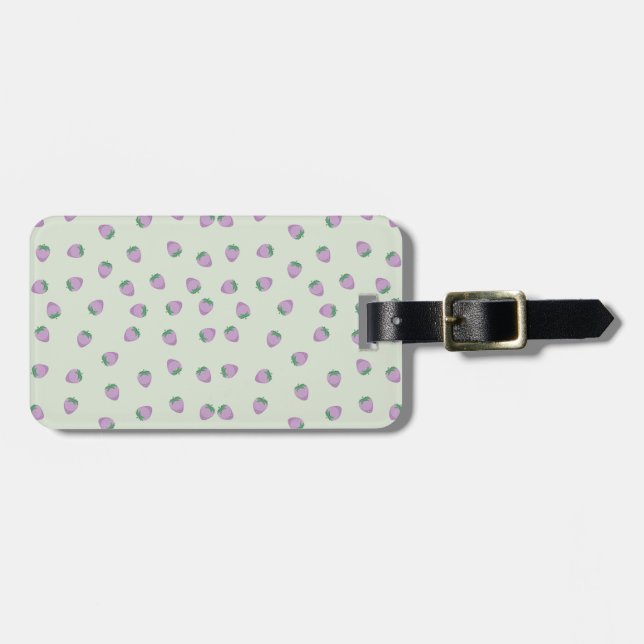 Purple Strawberry Pattern on Green Background Luggage Tag (Front Horizontal)