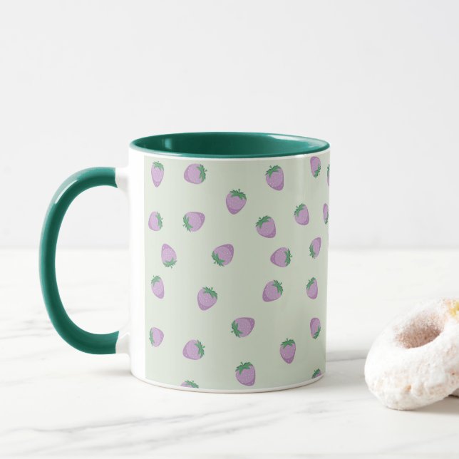 Purple Strawberry Pattern on Green Background Mug (With Donut)