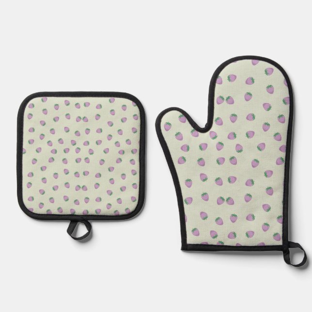  Purple Strawberry Pattern on Green Background Oven Mitt & Pot Holder Set (Front)