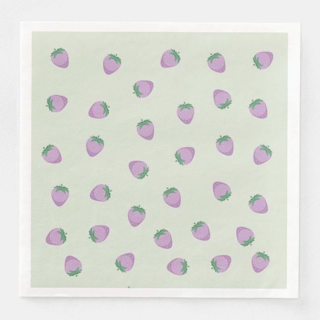 Purple Strawberry Pattern on Green Background Paper Dinner Napkins (Front)