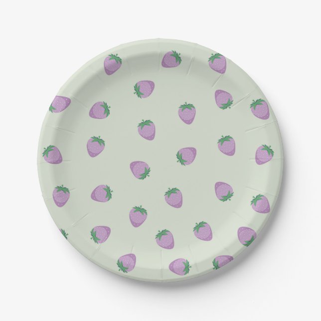 Purple Strawberry Pattern on Green Background Paper Plates (Front)