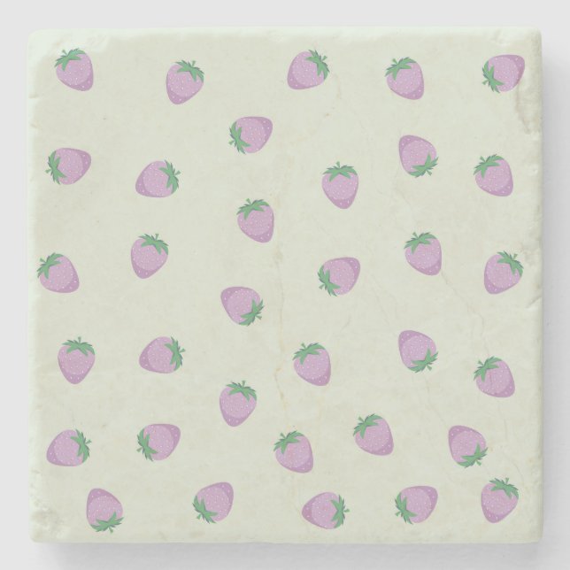 Purple Strawberry Pattern on Green Background Stone Coaster (Front)