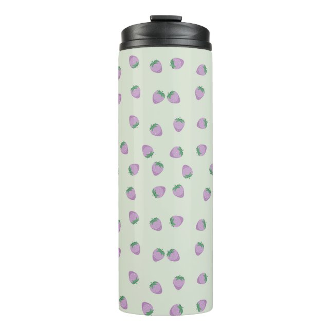 Purple Strawberry Pattern on Green Background Thermal Tumbler (Front)