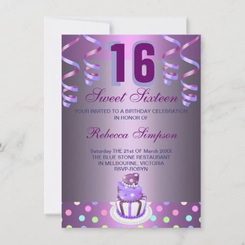 Purple Streamers &amp; Cake Sweet 16 Birthday Invite