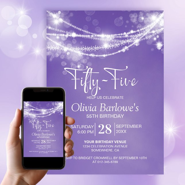 Purple String Lights 55th Birthday Party Invitation (Creator Uploaded)