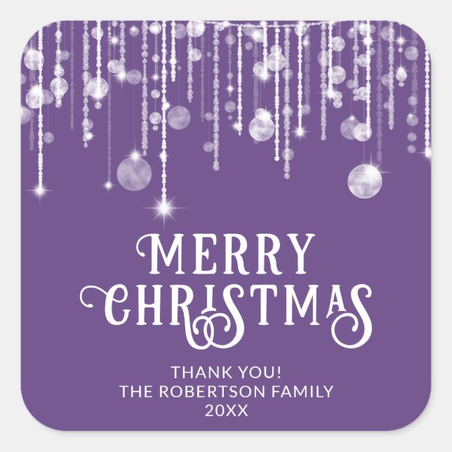 Purple String Lights Christmas Party Favor Square  Square Sticker (Front)