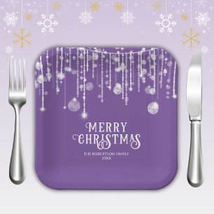 Purple String Lights Christmas Party Paper Plates