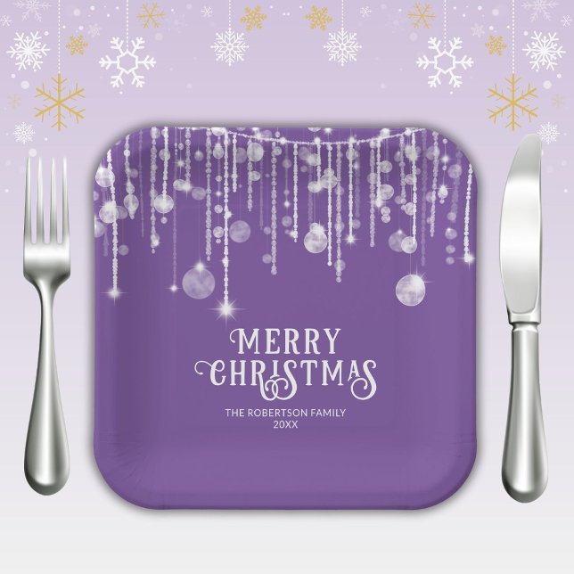 Purple String Lights Christmas Party Paper Plates (Creator Uploaded)