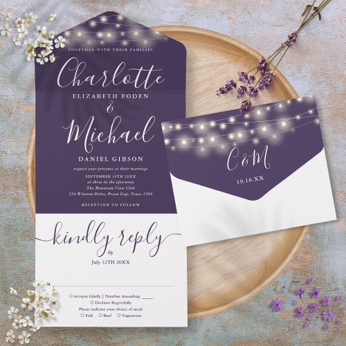 Purple String Lights Elegant Script Wedding All In One Invitation