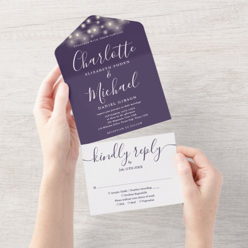 Purple String Lights Elegant Script Wedding All In One Invitation