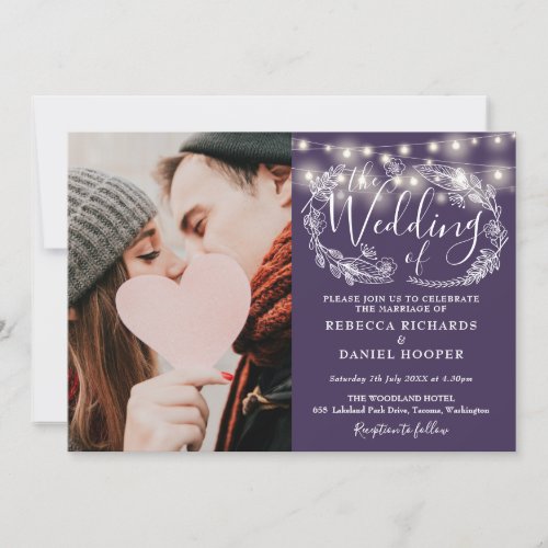 Purple String Lights Floral Photo Wedding Invitation